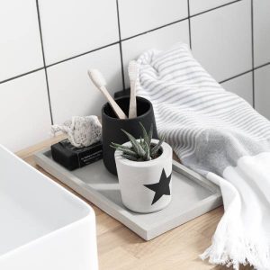 מגש בטון מעוצב לסלון או לאמבטיה בצורה מלבני – בטון אפור / לבן